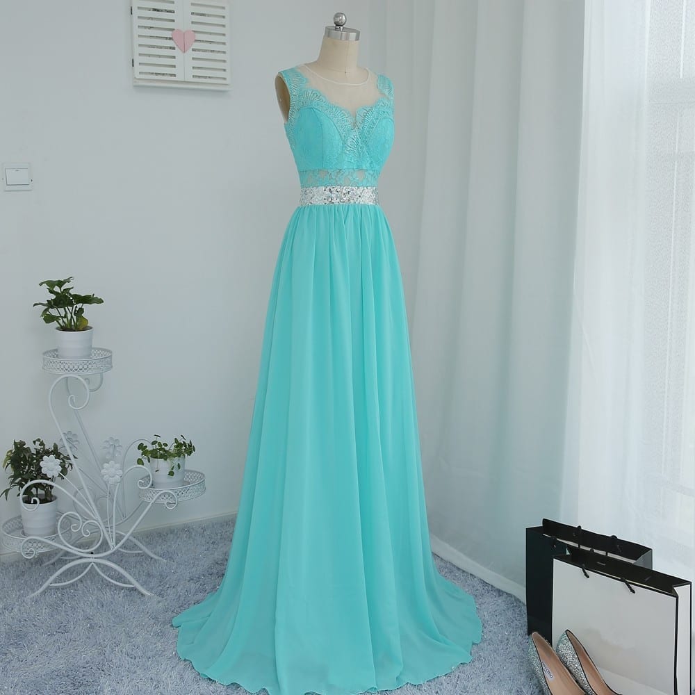 A-line See Through Mint Green Chiffon Lace Sequins Bridesmaid Dress
