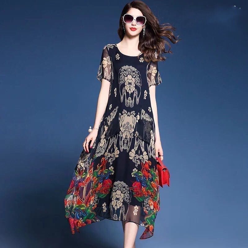 Elegant Floral Print Short Sleeve Loose O-neck Chiffon Dress