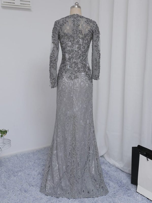 Mermaid V-Neck Long Sleeves Silver Lace Beaded Mother Of The Bride Dress in Mother of the Bride Dresses