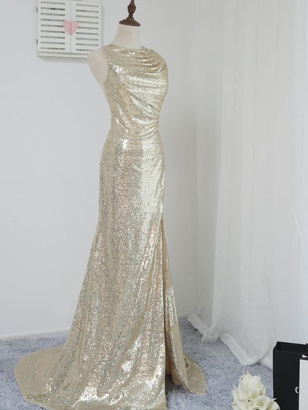 High Collar See Through Champagne Sequins Slit Mermaid Bridesmaid Dress in Bridesmaid dresses