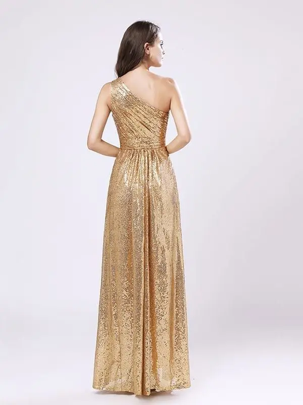One Shoulder Gold Sequin A Line Maid Of Honor Bridesmaid Dress