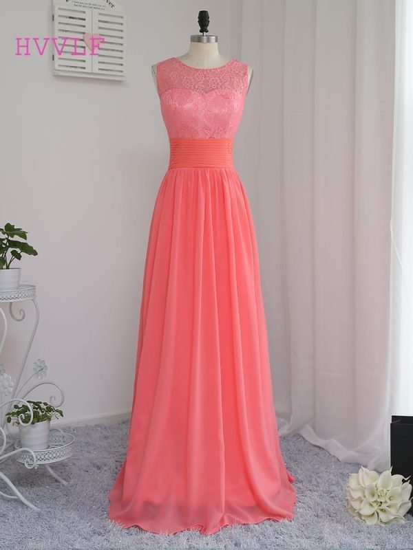 A-line Scoop Floor Length Coral Chiffon Lace Bridesmaid Dress