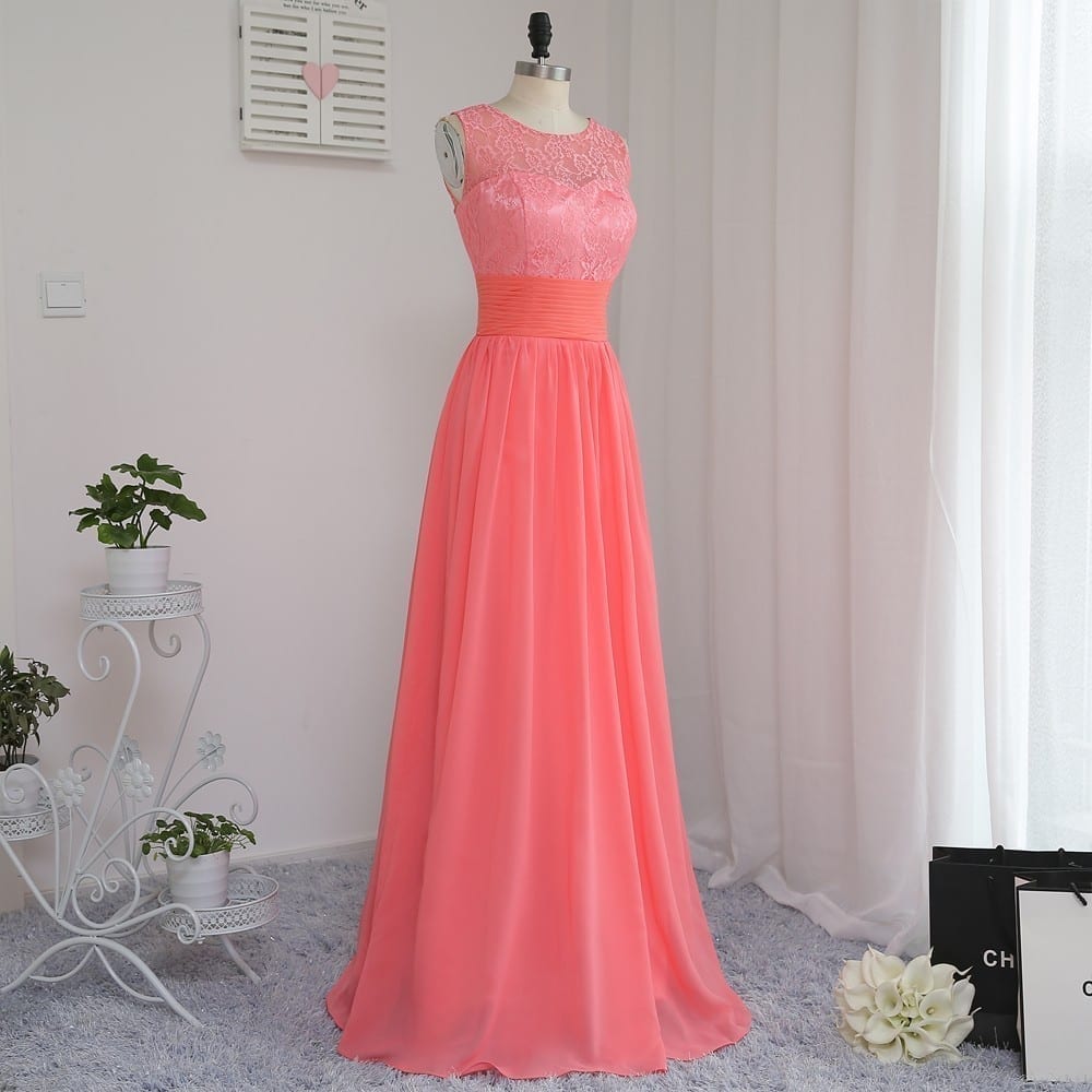 A-line Scoop Floor Length Coral Chiffon Lace Bridesmaid Dress in Bridesmaid dresses