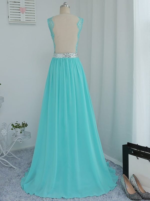 A-Line See Through Mint Green Chiffon Lace Sequins Bridesmaid Dress in Bridesmaid dresses