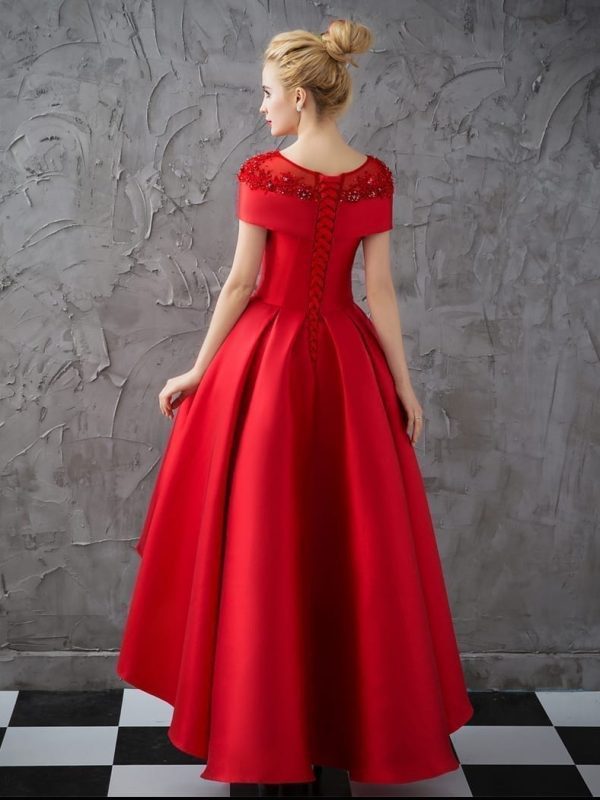 Asymmetrical Short Sleeve Satin Ball Gown Evening Dress