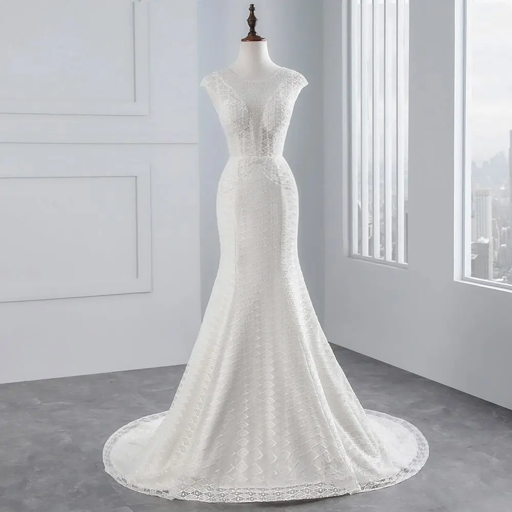 Vintage Ivory Cap Sleeves Beading Lace Crystal Mermaid Wedding Dress