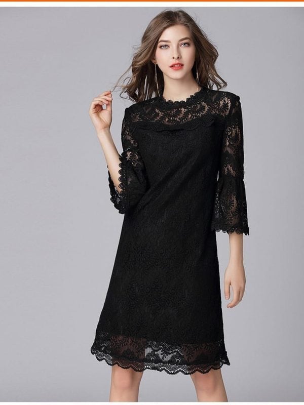 Hollow Out Lace 3/4 Flare Sleeve Elegant Dress