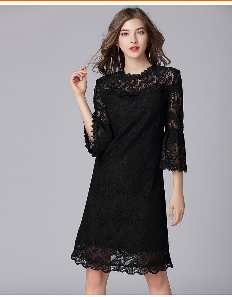 Hollow Out Lace 3/4 Flare Sleeve Elegant Dress – Wedding look