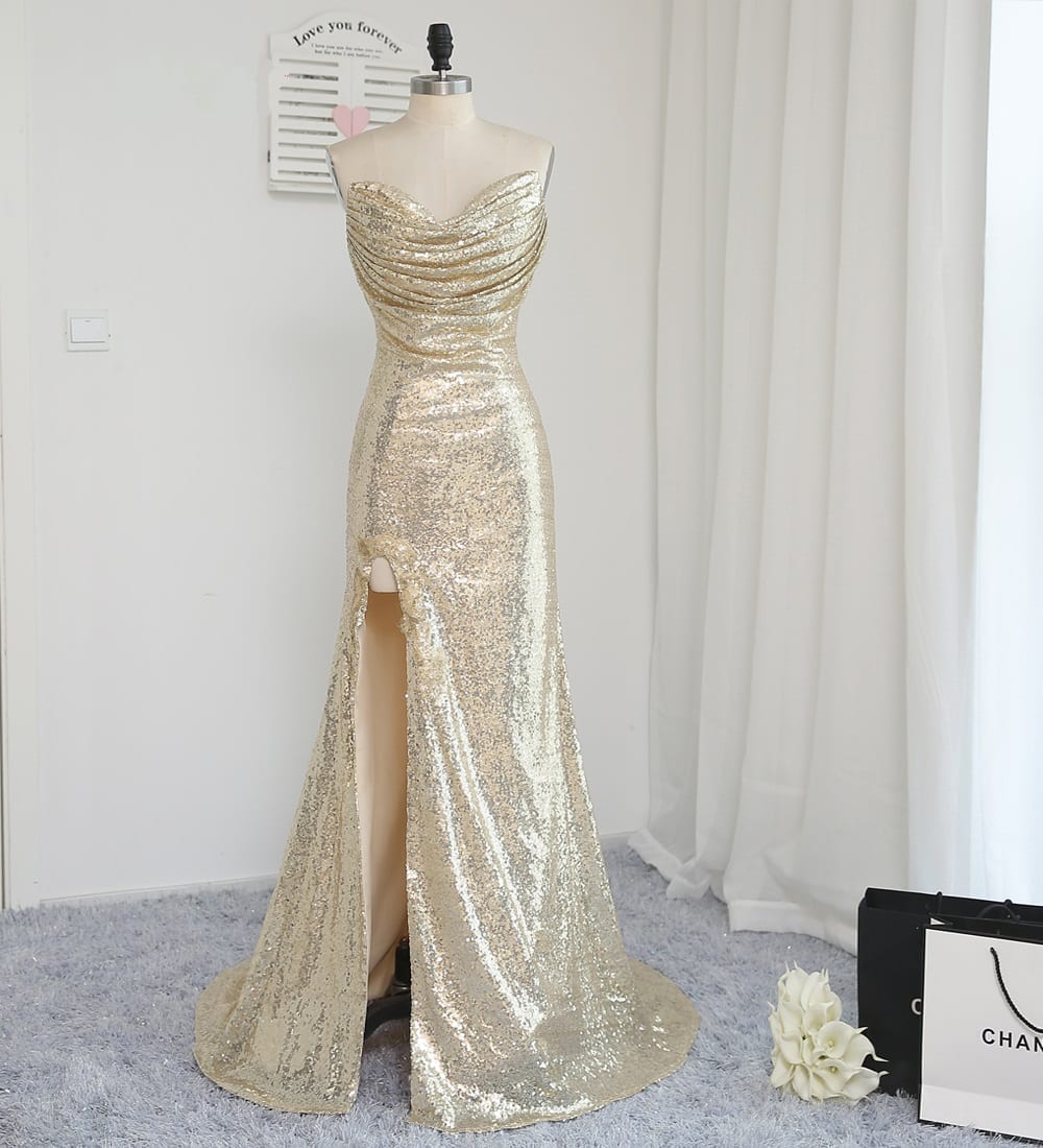 Sweetheart Champagne Sequins Slit Backless Mermaid Wedding Party Bridesmaid Dress