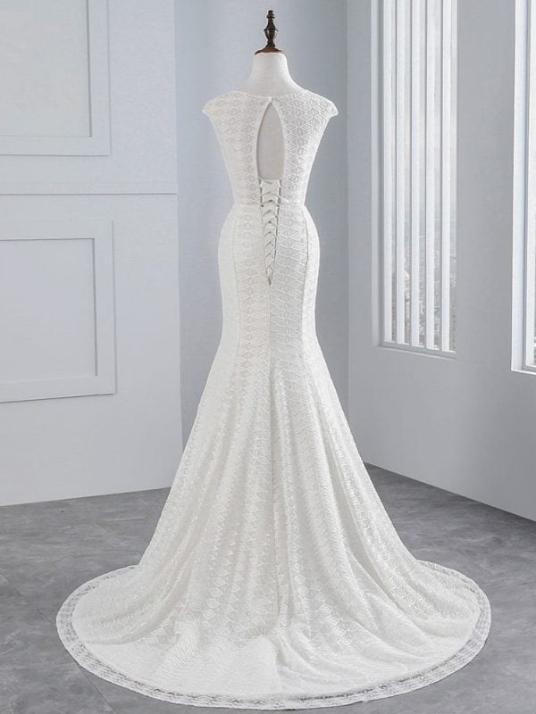 Vintage Ivory Cap Sleeves Beading Lace Crystal Mermaid Wedding Dress