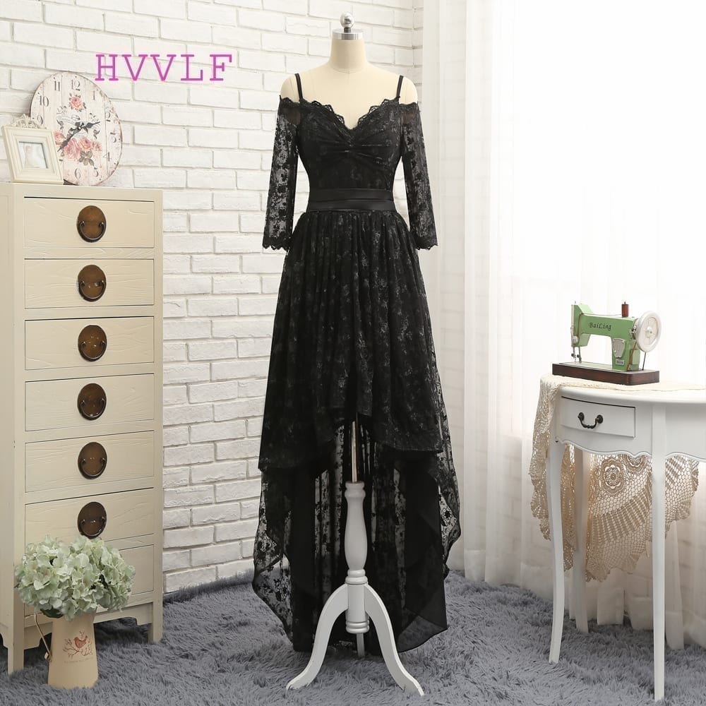 Black A-line Spaghetti Straps Short Front Long Back Bow Lace Prom Evening Dress