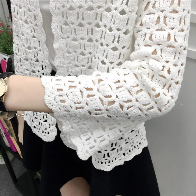 Crochet White Lace Hollow Out Knitted Cardigan Blouse