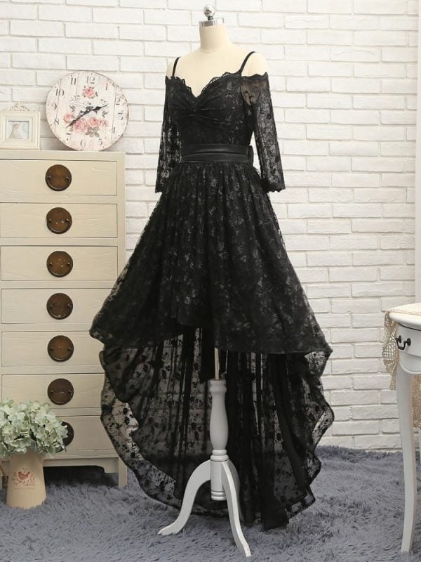 Black A-Line Spaghetti Straps Short Front Long Back Bow Lace Prom Evening Dress in Homecoming Court Dresses