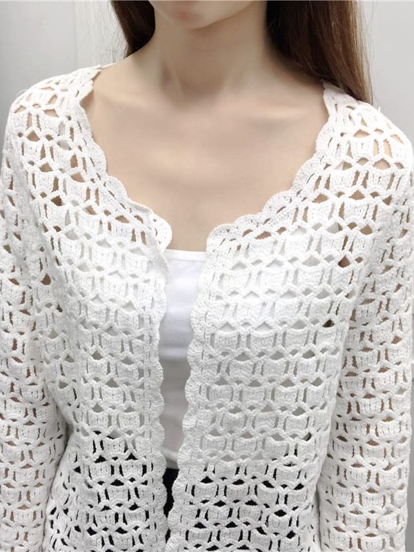 Crochet White Lace Hollow Out Knitted Cardigan Blouse in Sweaters
