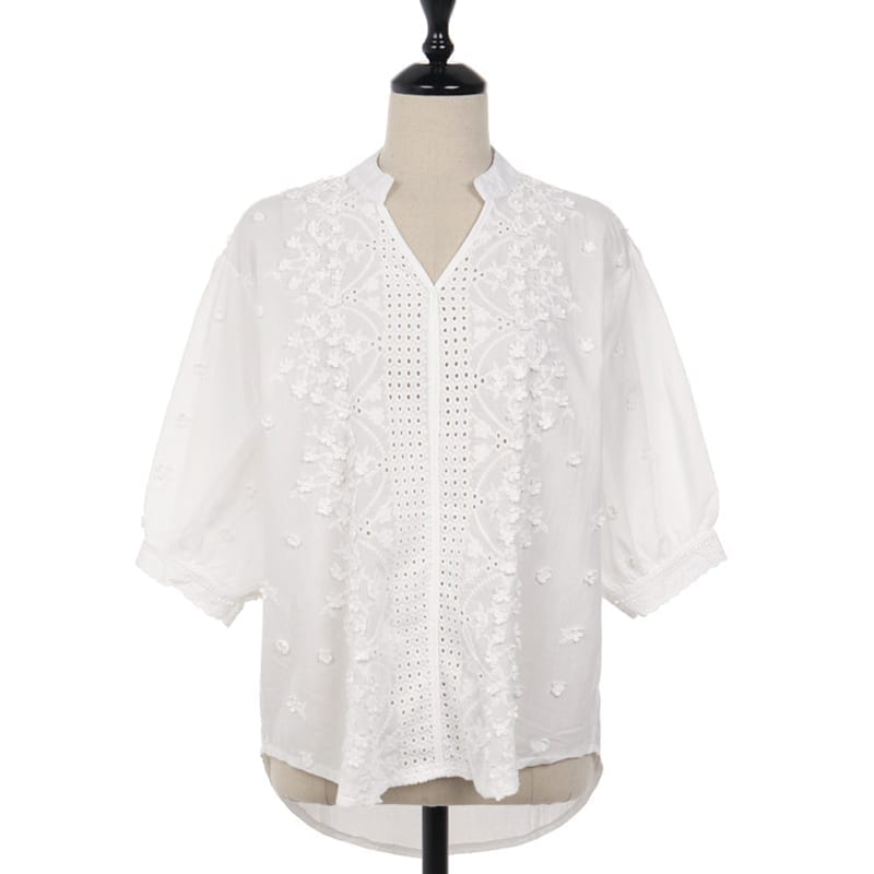 Embroidery Hollow Out V-neck Floral Office White Shirt