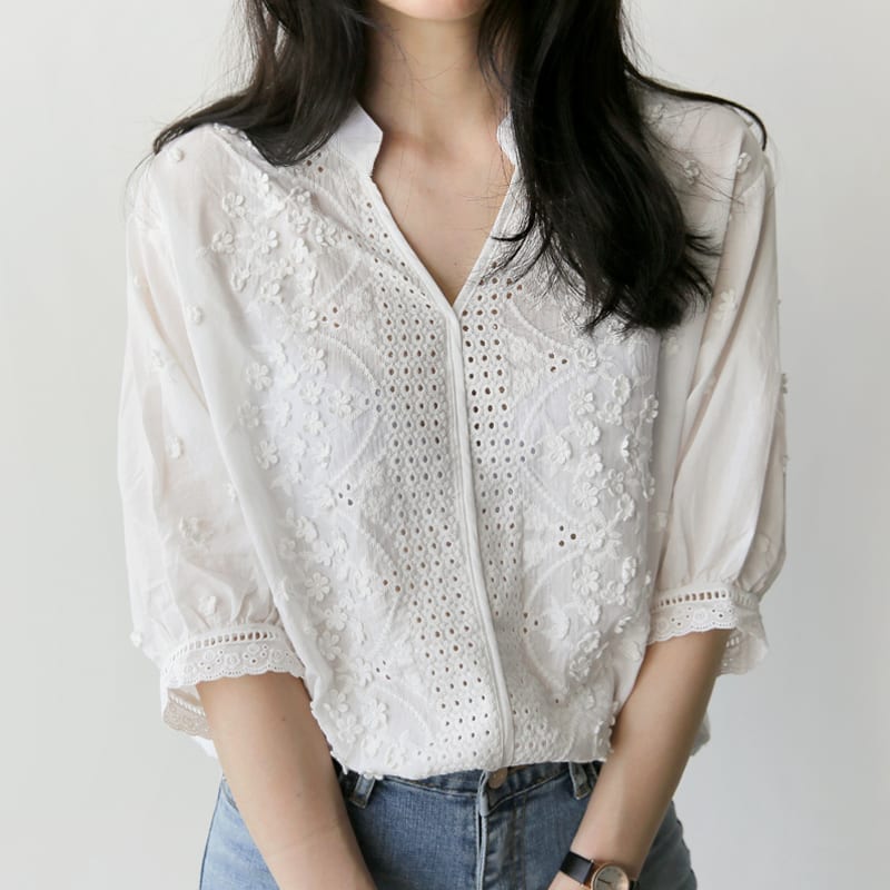 Embroidery Hollow Out V-neck Floral Office White Shirt