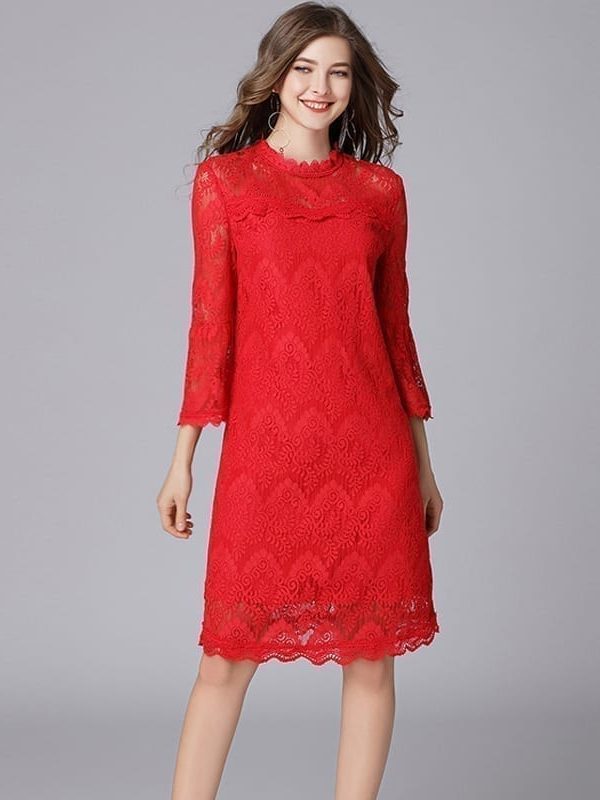 Hollow Out Lace 3/4 Flare Sleeve Elegant Dress