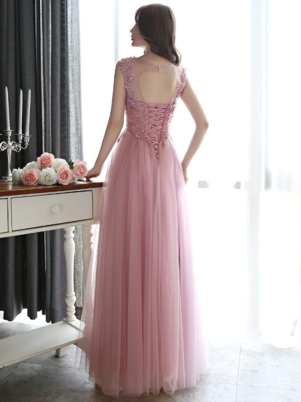 Dark Pink Silver Lace Tulle Bridesmaid Dress