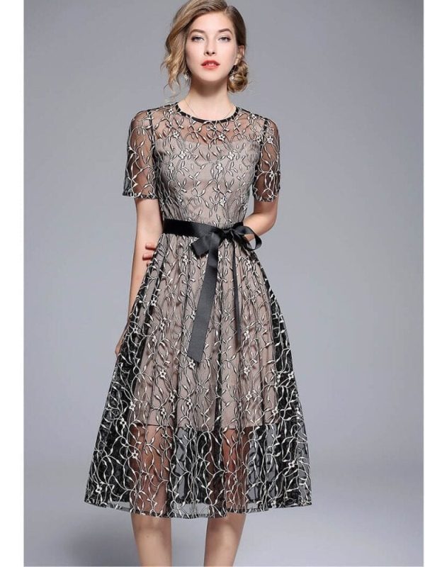 Elegant Hollow Lace Up Embroidery Two Pieces Office Dress