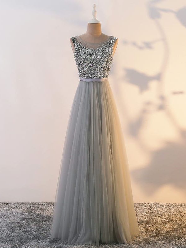Silver Illusion Long Evening A-Line Bridesmaid Dress in Bridesmaid dresses