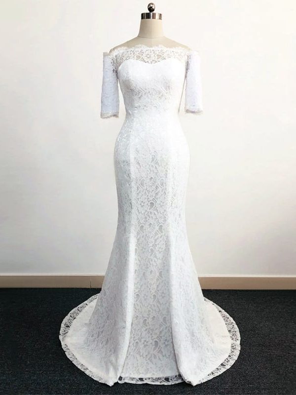 Off The Shoulder Half Sleeves White Lace Mermaid Wedding Dress