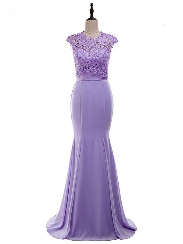 Lilac Lace Chiffon Long Mermaid Bridesmaid Dress | Uniqistic.com