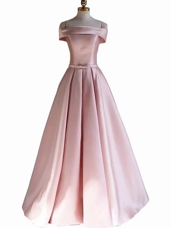 Pink Satin Off The Shoulder Long Bridesmaid Dress