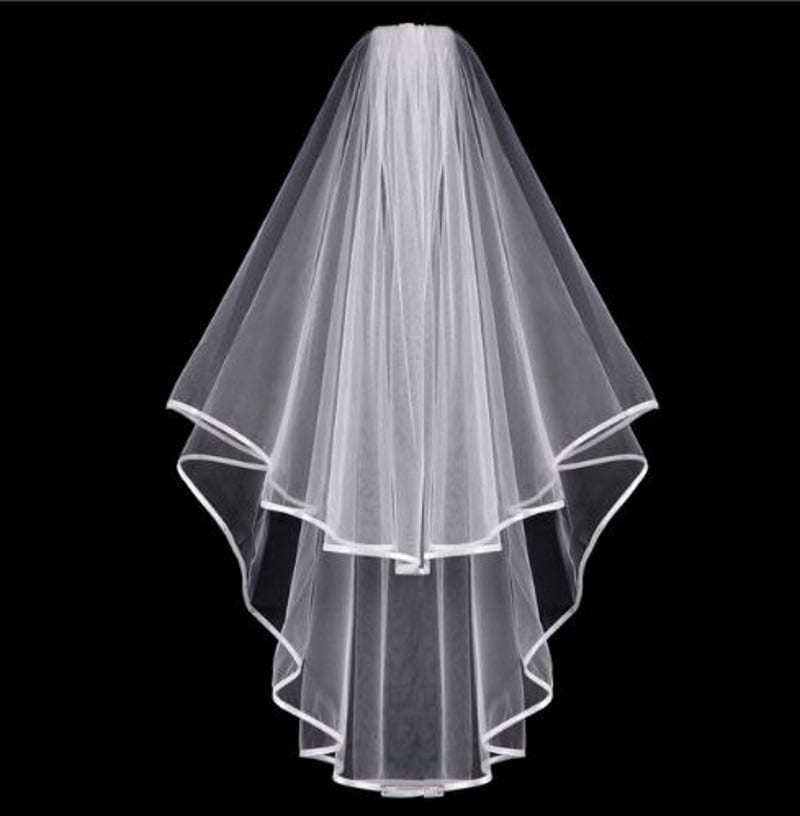 Tulle White Ivory Two Layers Ribbon Edge Comb Wedding Veil