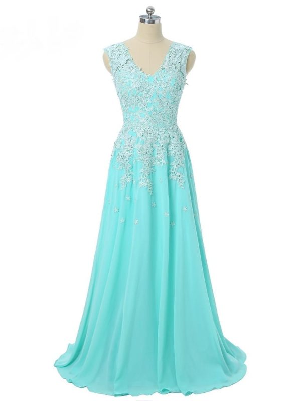 Turquoise A-line Cap Sleeves V-neck Chiffon Lace Long Bridesmaid Dress