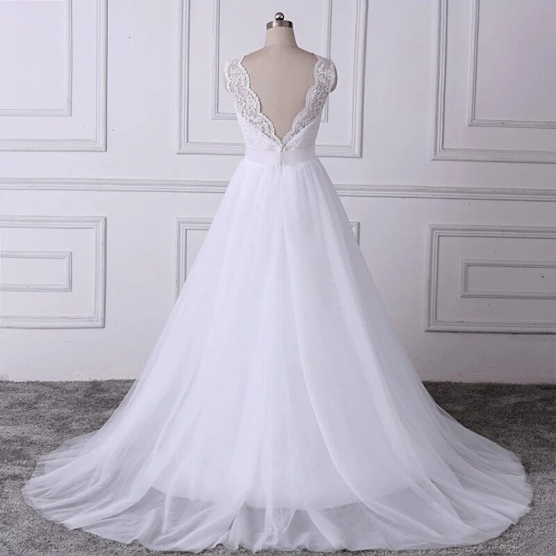 White Lace Appliques Boho A-line Backless Beach Wedding Dress