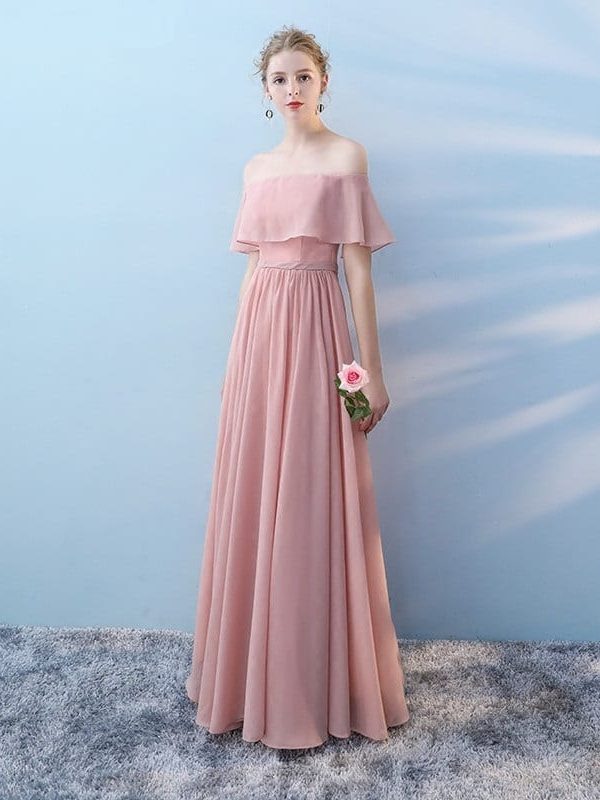 Elegant Pink Sleeveless Off Shoulder Long Bridesmaid Dress