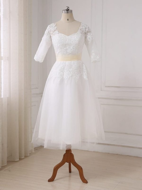 Half Sleeves Tea Length Beaded Applique Tulle Short Wedding Dress in Wedding dresses