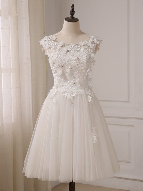 Cap Sleeve Beaded Lace Tulle A-Line Short Wedding Dress in Wedding dresses