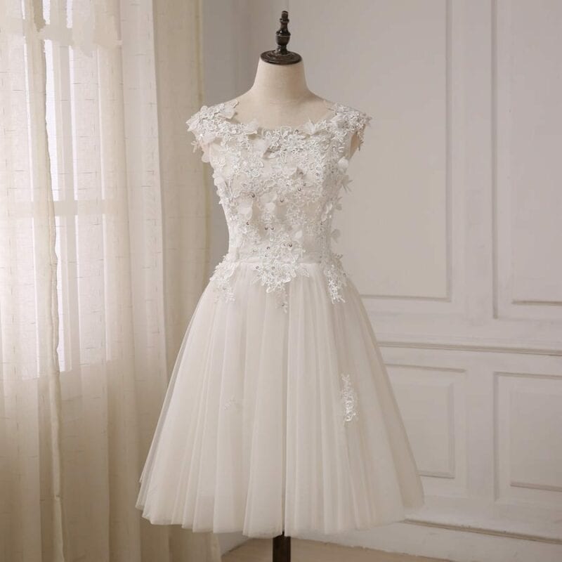 Cap Sleeve Beaded Lace Tulle A-Line Short Wedding Dress | Uniqistic.com