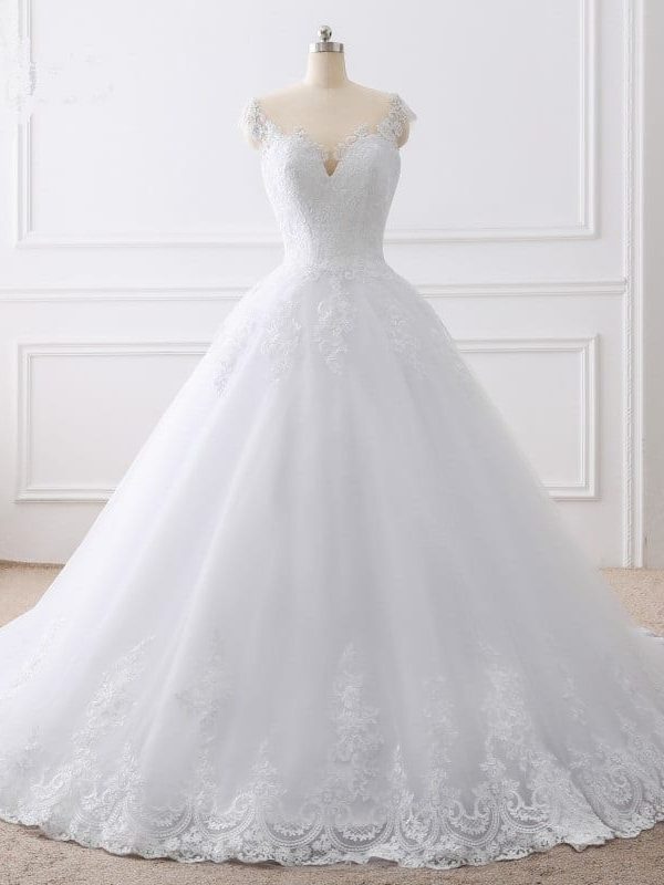 Lace Appliques Princess Luxury Cathedral Train Ball Gown Wedding Dress ...