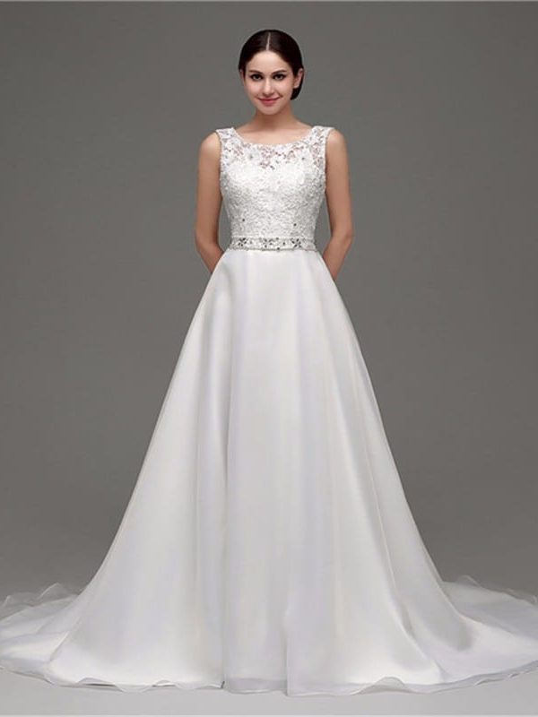 A-line Organza Lace Chapel Train Straps Beaded Deep V Back Wedding Gown