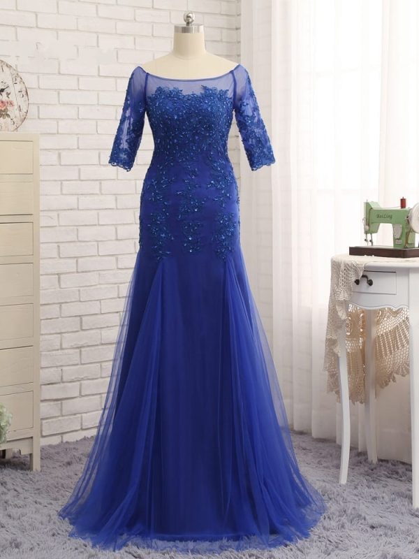 Royal Blue Mermaid Half Sleeves Tulle Beaded Mother Of The Bride Dress in Mother of the Bride Dresses
