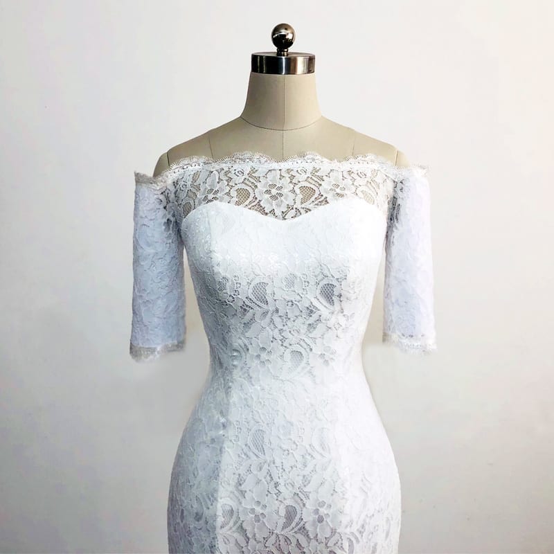 Off The Shoulder Half Sleeves White Lace Mermaid Wedding Dress