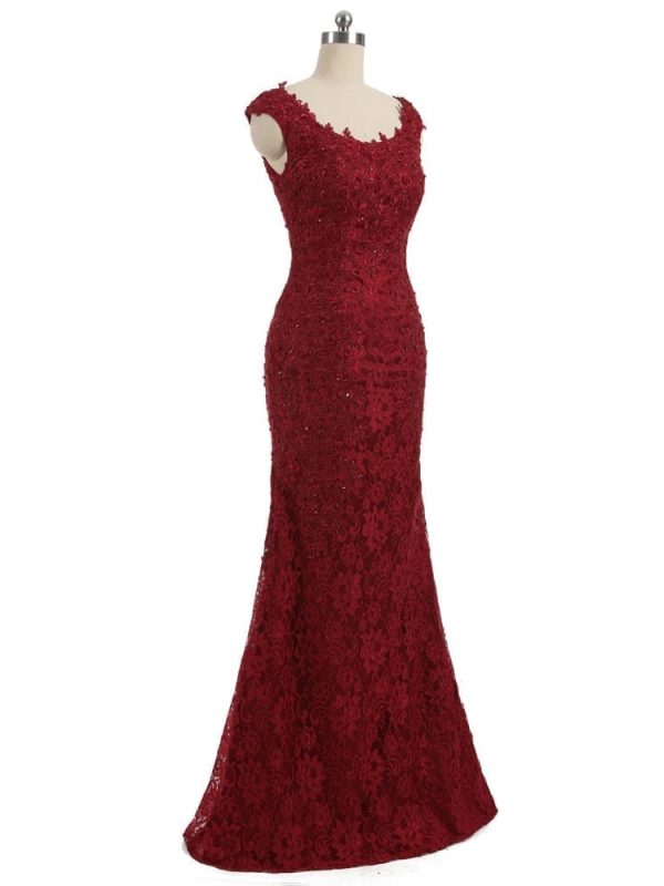 Burgundy Cap Sleeves Lace Beaded Backless Elegant Mermaid Long Evening Dress