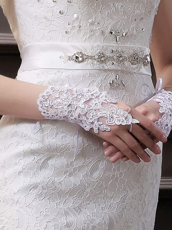 White Fingerless Elegant Rhinestone Bridal Wedding Gloves
