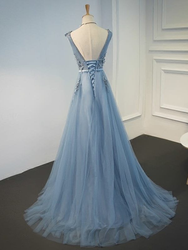 Tulle Appliques V Neck Lace Up Sleeveless Blue Long Evening Dress