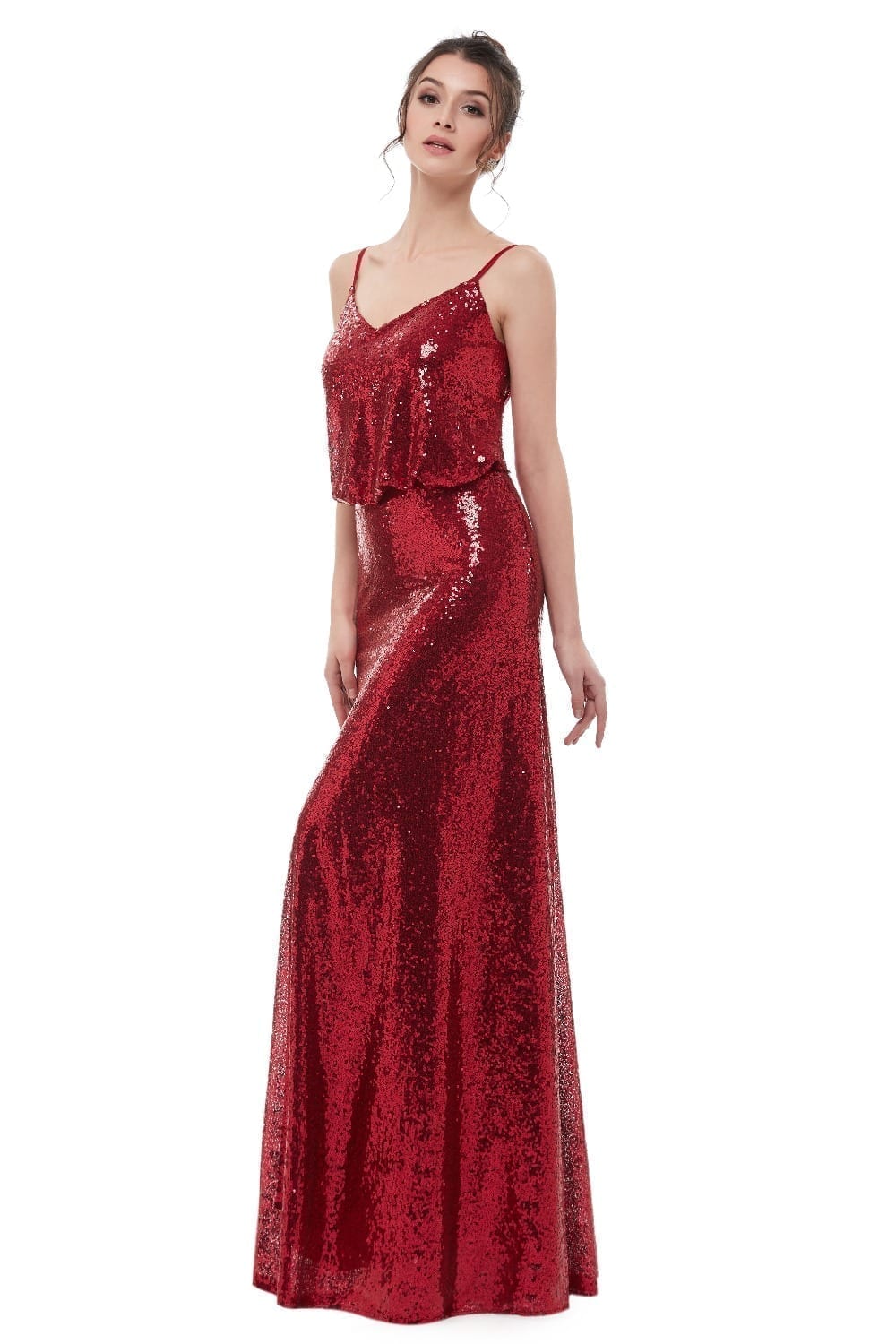 Elegant Wine Red Sequins Spaghetti Straps Long Bridesmaid Dress