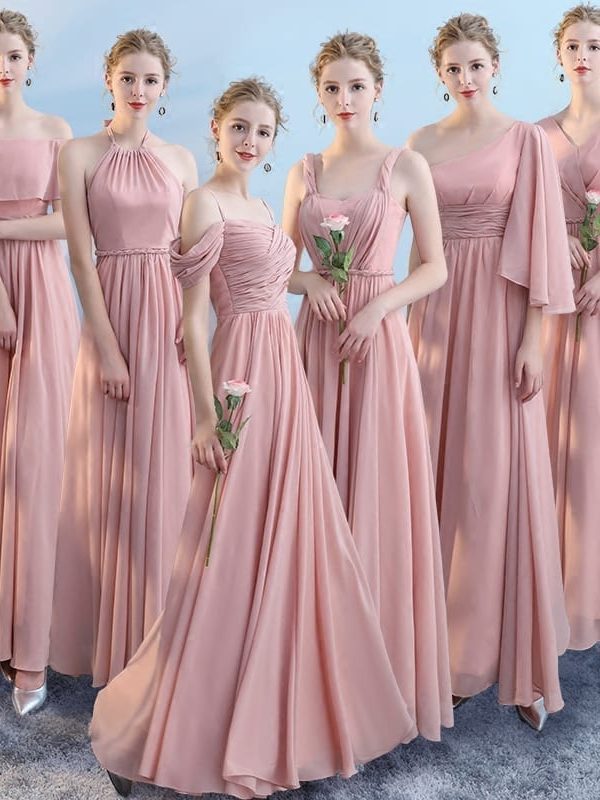 Elegant Pink Sleeveless Off Shoulder Long Bridesmaid Dress