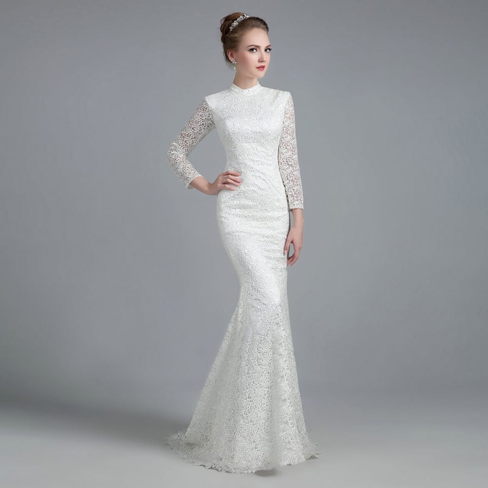 White Vintage Lace High Neck Long Sleeves Mermaid Wedding Dress 2971