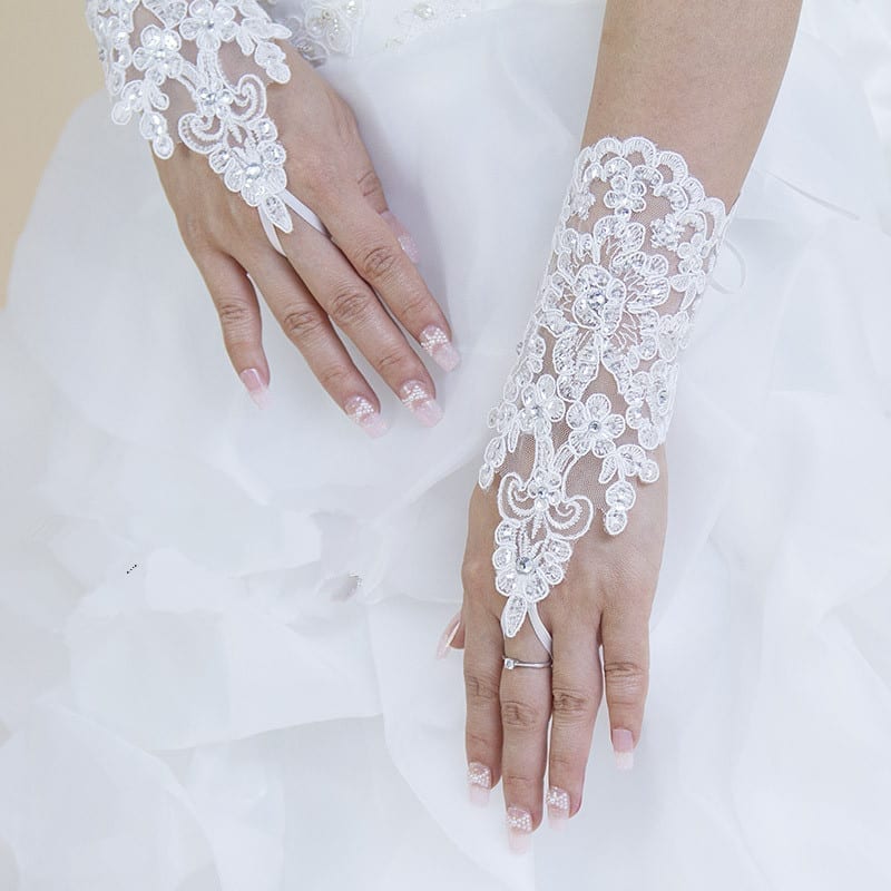 White Fingerless Elegant Rhinestone Bridal Wedding Gloves