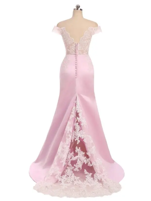 Pink V-neck Cap Sleeves Satin Lace Backless Elegant Long Bridesmaid Dress