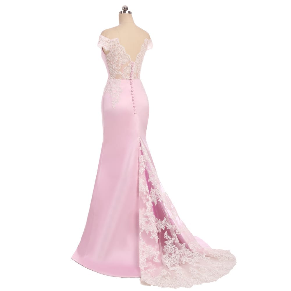 Pink V-neck Cap Sleeves Satin Lace Backless Elegant Long Bridesmaid Dress