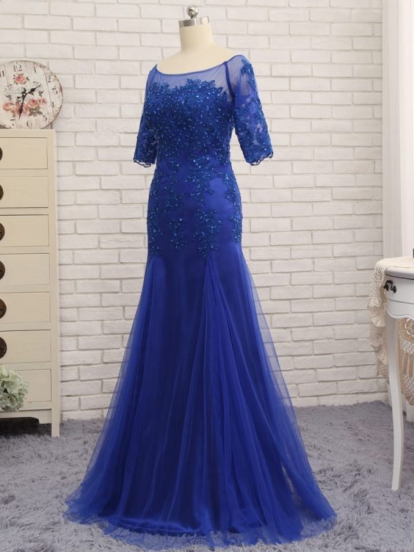 Royal Blue Mermaid Half Sleeves Tulle Beaded Mother Of The Bride Dress in Mother of the Bride Dresses
