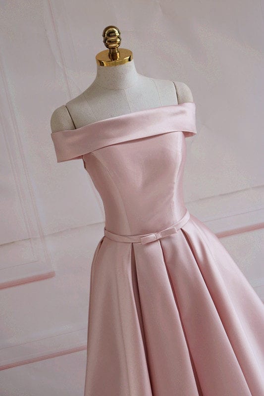Pink Satin Off The Shoulder Long Bridesmaid Dress in Bridesmaid dresses