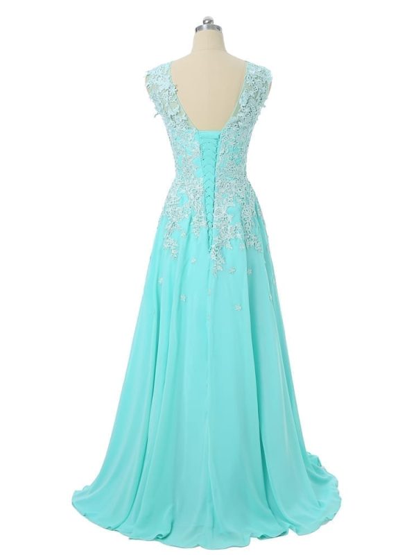 Turquoise A-line Cap Sleeves V-Neck Chiffon Lace Long Bridesmaid Dress in Bridesmaid dresses